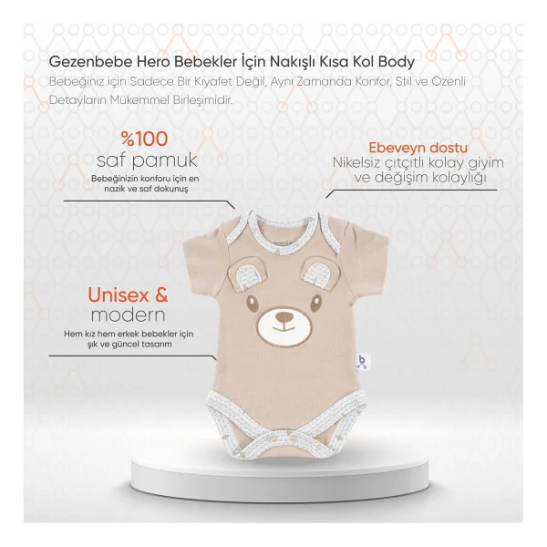 Gezenbebe Hero Bebekler İçin Nakışlı Kısa Kol Body Teddy (Organik) 12-18 Ay - Görsel 2