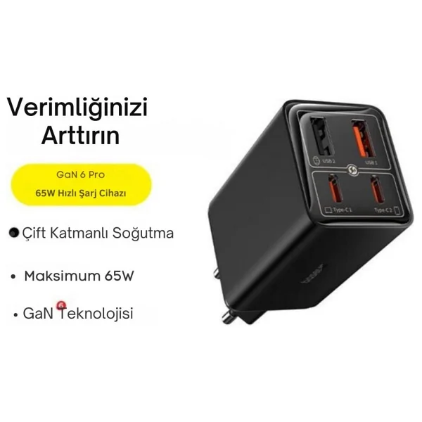 Baseus Gan6 Pro 65 W Beyaz Type-C Kablolu Hızlı Şarj Aleti - Görsel 2
