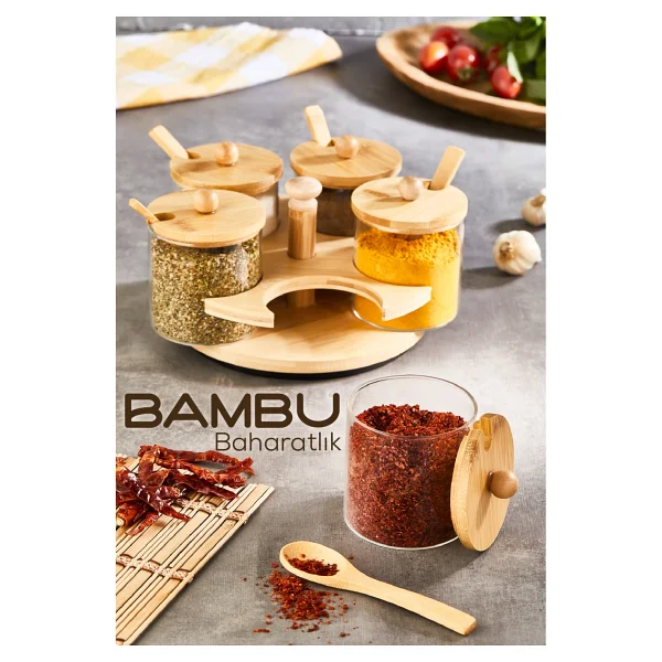 Vienev 5li Bambu Standlı Ve Kaşıklı Cam Baharatlık - Ahşap - Görsel 5