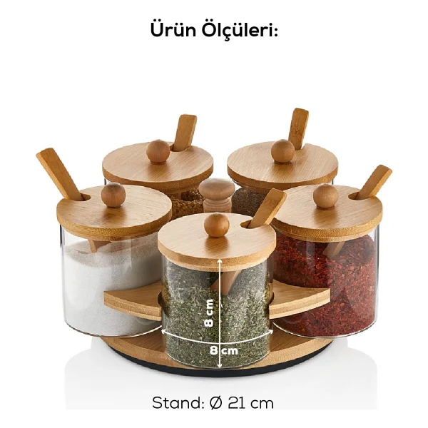 Vienev 5li Bambu Standlı Ve Kaşıklı Cam Baharatlık - Ahşap - Görsel 4