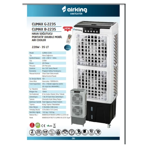 Airking Climax 2235-B Double Beyaz Mobil Uzaktan Kumandalı Hava Soğutucu - Görsel 3