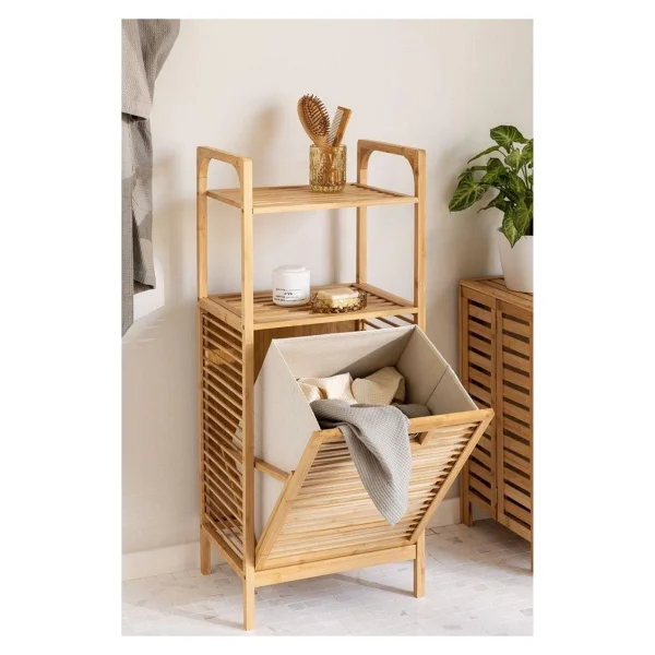 Digithome Bambu Beyaz Mat Lake Kirli Sepetli 2 Raflı Banyo Düzenleyici Çamaşır Sepeti Db-0020 - Görsel 10