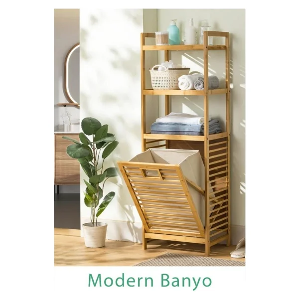 Digithome Bambu Kirli Sepetli 3 Raflı Çok Amaçlı Banyo Düzenleyici Çamaşır Sepeti Organizer Db-0002 - Görsel 4