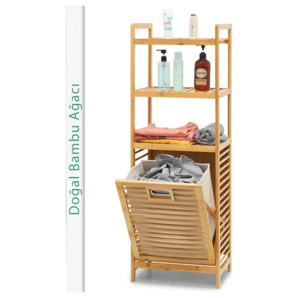 Digithome Bambu Kirli Sepetli 3 Raflı Çok Amaçlı Banyo Düzenleyici Çamaşır Sepeti Organizer Db-0002 - Görsel 6