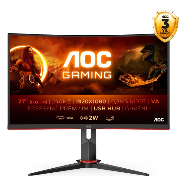 AOC C27G2ZU/BK 27" 0.5 ms Full HD Curved 240 Hz Oyuncu Monitörü