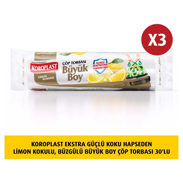 Koroplast Ekstra Güçlü Limon Kokulu Büzgülü Büyük Boy Çöp Poşeti 10'lu 3 Adet - Görsel 4