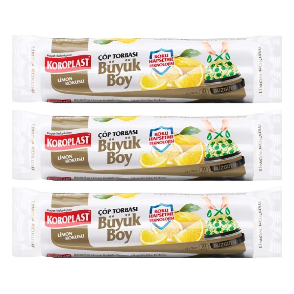 Koroplast Ekstra Güçlü Limon Kokulu Büzgülü Büyük Boy Çöp Poşeti 10'lu 3 Adet - Görsel 2