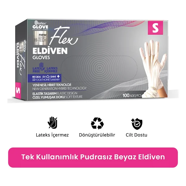 Reflex Flex Eldiven Tek Kullanımlık Pudrasız Pudrasız Eldiven - 100'lü Kutu - Beyaz - Görsel 6