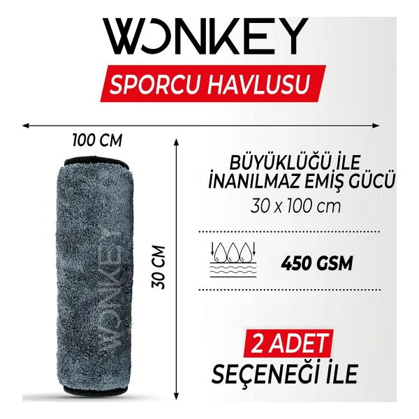 Wonkey - Sporcu Fitness Antreman Havlusu 30x100 Cm, Ultra Hafif Ve Hızlı Kuruyan Mikrofiber Spor Havlu, Gym Boks Pilates Tenis Havlusu (2'i Paket - Gri) - 30 X 100 Cm - Görsel 2