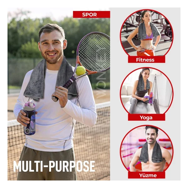 Wonkey - Sporcu Fitness Antreman Havlusu 30x100 Cm, Ultra Hafif Ve Hızlı Kuruyan Mikrofiber Spor Havlu, Gym Boks Pilates Tenis Havlusu (2'i Paket - Gri) - 30 X 100 Cm - Görsel 3