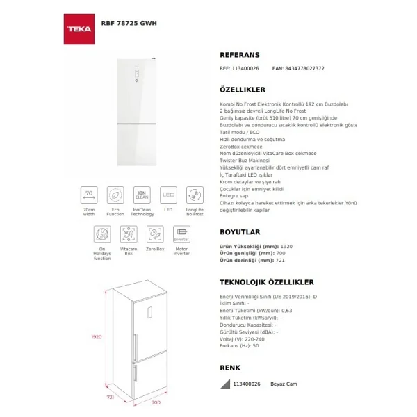 Teka Rbf 78725 Gwh Beyaz Kombi Tipi No Frost Buzdolabı - Görsel 7