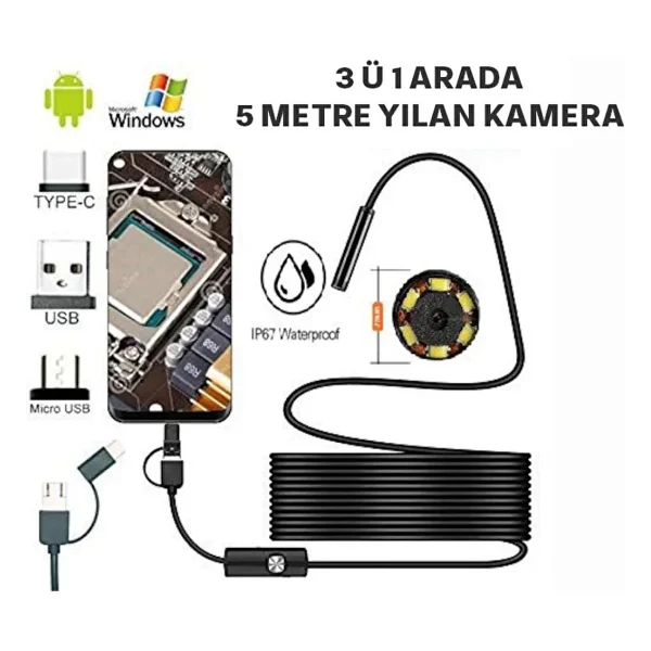 Qasul Profesyonel Endoskop Kamera Arama Motor Içi Su Geçirmez Aralara Girebilen Tesisat Kamerası Android Uyumlu - 10-Metre - Görsel 6