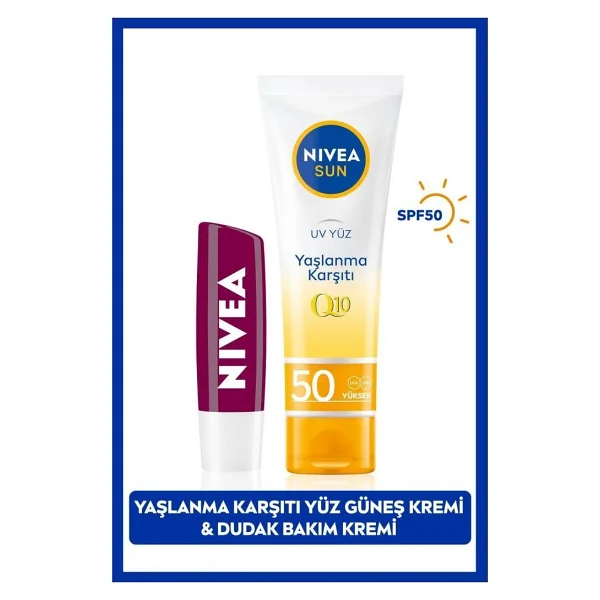 Nıvea Sun Q10 Yaşlanma Karşıtı Güneş Koruyucu Yüz Kremi 50ml Ve Böğürtlen Dudak Bakım Kremi, Çanta Hediye - Görsel 8