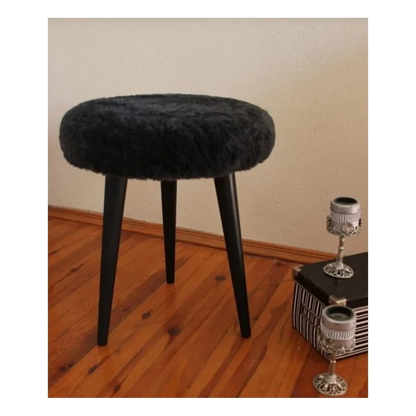 Beylerbeyi Gürgen Ahşap Retro Ayak Dekoratif Peluş Puf Tabure Bench Koltuk Sandalye - Siyah - Görsel 6