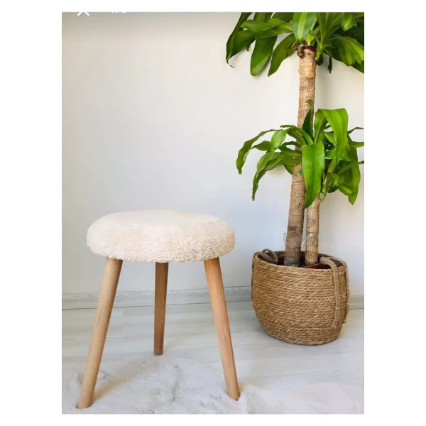 Beylerbeyi Gürgen Ahşap Retro Ayak Dekoratif Krem Peluş Puf Tabure Bench Koltuk Sandalye - Görsel 2
