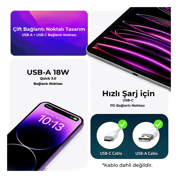 Bix Zh-2u41t 25w USB Type-C Pd Çift Portlu Hızlı Şarj Cihazı Siyah - Görsel 6