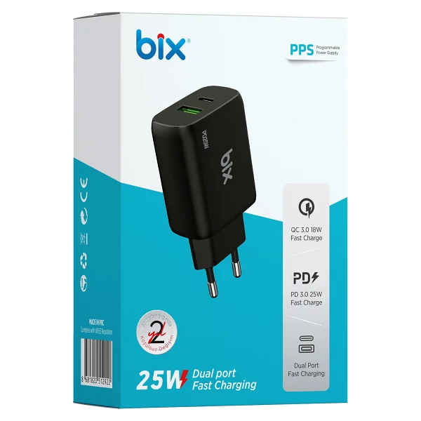 Bix Zh-2u41t 25w USB Type-C Pd Çift Portlu Hızlı Şarj Cihazı Siyah - Görsel 9