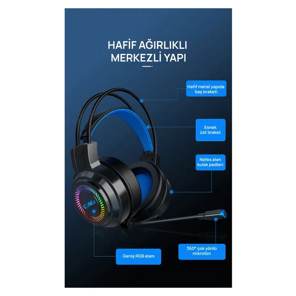 Claw's Noiseee V1 Rgb Spectrum 7.1 Surround Ses - Ai İle Gürültü Engelleyen Mikrofon - Usb Örgü Kablolu Gaming Oyuncu Kulaklığı - Siyah - Görsel 4