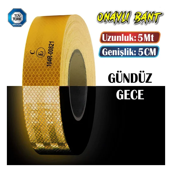 Badem10 Tüvtürk Onaylı Belgeli Bant 5 Metre 5 Cm Sarı Reflektörlü Reflektif Fosforlu Şerit Bant İkaz Bandı - Görsel 6