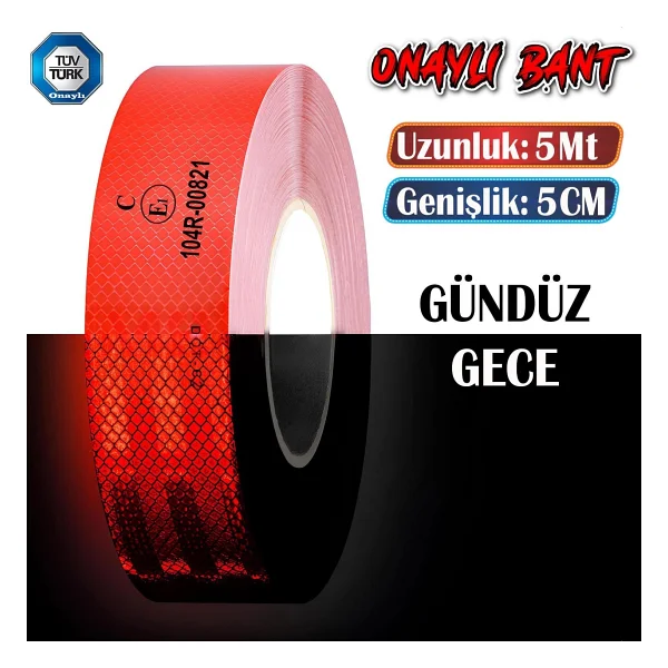 Badem10 Tüvtürk Onaylı Belgeli Bant 5 Metre 5 Cm Kırmızı Reflektörlü Reflektif Fosforlu Şerit Bant Ikaz Bandı - Görsel 6