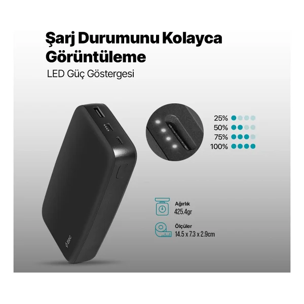 Ttec ChargeUp Pro 2BB212S Siyah 20000 mAh Hızlı Şarj Powerbank - Görsel 3
