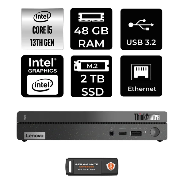 Lenovo Thinkcentre 50q Gen 4 Intel Core I5 13420h 48gb 2tb SSD Fdos 12ln0048tr Mini PC & Per4 USB Bellek 12ln0048trp344 - Görsel 5
