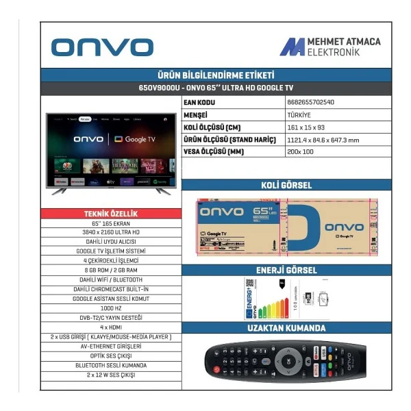 Onvo 65ov9000u 4K Ultra HD 65" 165 Ekran Uydu Alıcılı Google Smart LED TV - Görsel 2