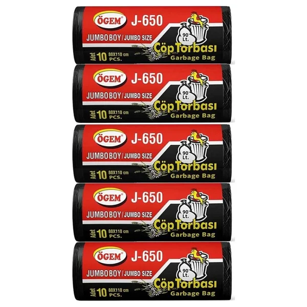 Ögem J-650 Jumbo Boy Çöp Poşeti (80 X 110 Cm) 10 Lu Rulo X 5 Paket Çöp Torbası Siyah - Görsel 2