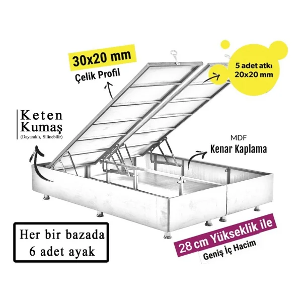 Niron Yatak Silver Çift Kişilik Yatak Seti 160x200 Cm, Full Ortopedik Sert Yatak Kaydırmaz Kumaş Kaplı Metal Baza Ve Başlık Takımı - Gri - 160 X 200 Cm - Görsel 8