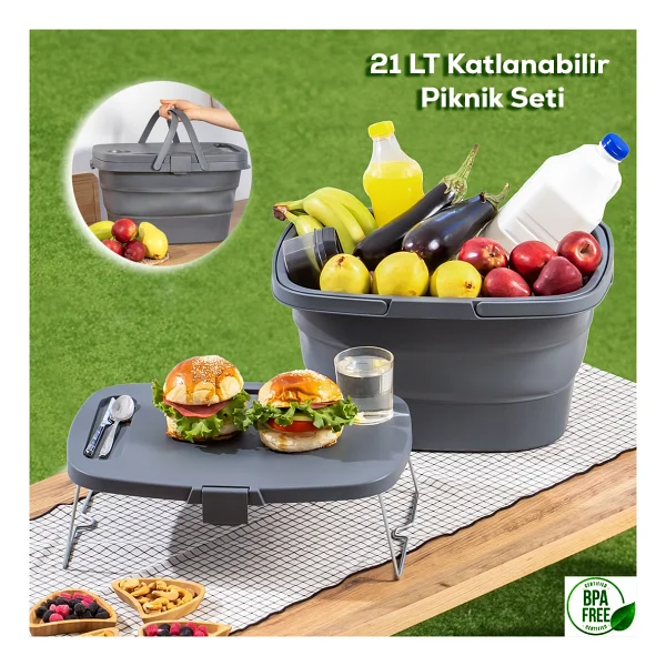 Porsima 07-1304 Katlanır Piknik Sepeti - Silikonlu Katlanabilir Saklama Kutusu - 21 L Beyaz - Görsel 2