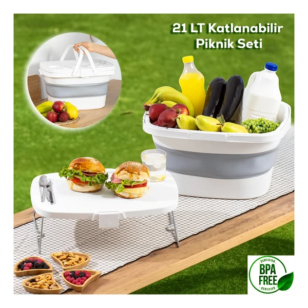 Porsima 07-1304 Katlanır Piknik Sepeti - Silikonlu Katlanabilir Saklama Kutusu - 21 L Beyaz - Görsel 8