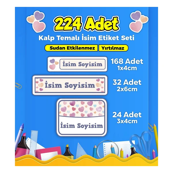 Sb Store Kalp Temalı Okul Kreş İsim Etiketi Kalem Defter Özel İsim Yazılabilen Etiket Seti Model 8 - 224 Adet - Görsel 4