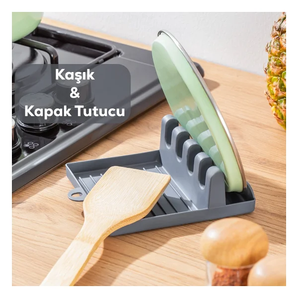 Porsima Kaşık Ve Kapak Tutucu - Kapak Standı Kaşık Kepçe Altlığı Düzenleyici Organizer - Antrasit - Görsel 6