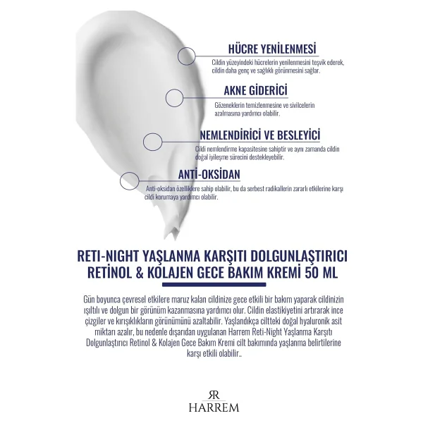 Harrem Reti-Night Retinol & Kolajen Yaşlanma Karşıtı Dolgunlaştırıcı 50 Ml Gece Kremi - Görsel 2