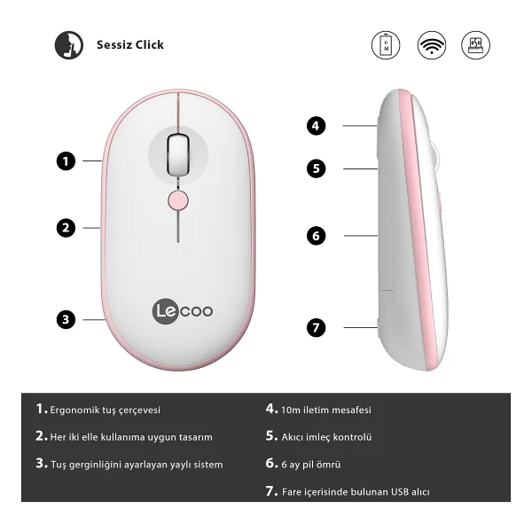 Lenovo Lecoo Ws212 Beyaz-Pembe Optik Kablosuz Mouse - Görsel 3