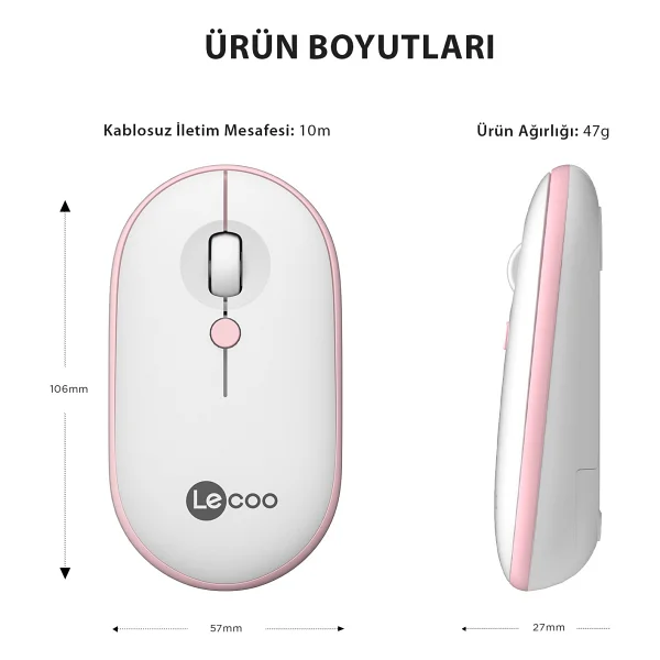 Lenovo Lecoo Ws212 Beyaz-Pembe Optik Kablosuz Mouse - Görsel 4