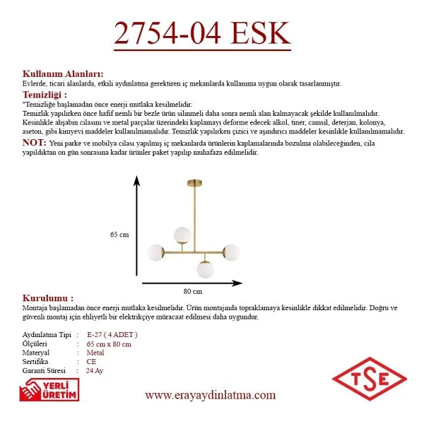 Eray Aydınlatma 4 Lü Opal Camlı Eskitme Avize - Görsel 4
