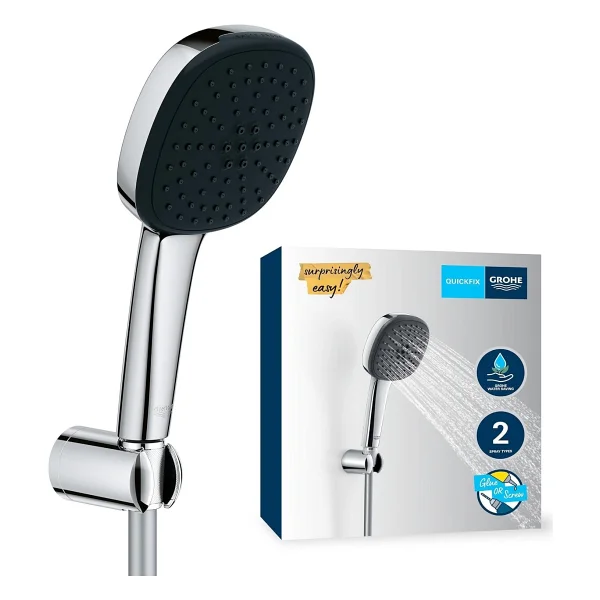 GROHE Vitalio Comfort 110 El Duşu Seti, 110mm Kare 2 Akışlı El Duşu, Duş Başlığı Tutucu, 1750mm Duş Hortumu, Duş Başlığı Seti, Krom, 26399001