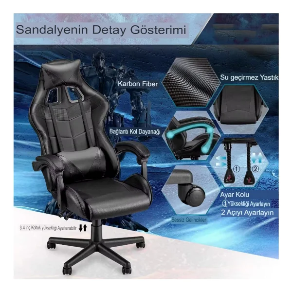 Reidan Gri Desen Profesyonel Oyuncu Koltuğu Gaming Kol Ayarlı Yönetici Ofis Koltuğu Sandalyesi - 0315 Gri - Görsel 5