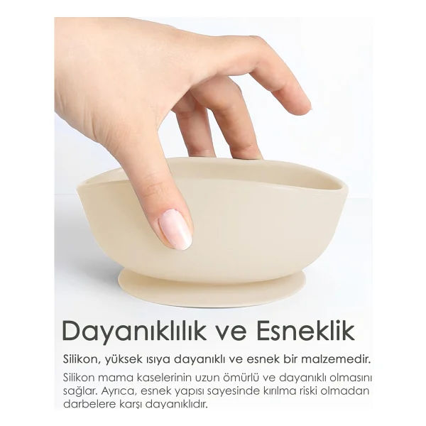 Meleni Baby Vakumlu Silikon Bebek Mama Kasesi - Vakum Tabanlı Kase - Silikon Diş Kaşıyıcı Kaşık - Bej - Görsel 3