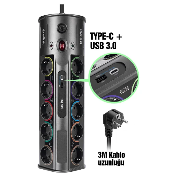 S-Link Swapp Sp10af 1800 Joule Anahtarlı Usb'li 1.8 M 10'lu Akım Korumalı Priz - Görsel 9