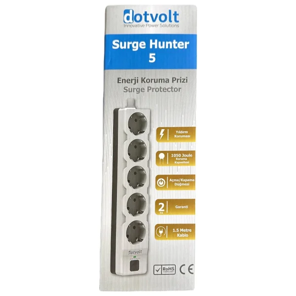 Dotvolt Beşli 1.5 Metre Kablolu Akım Korumalı Priz Beyaz Anahtarlı Surge Hunter 1050 Joule - Görsel 2