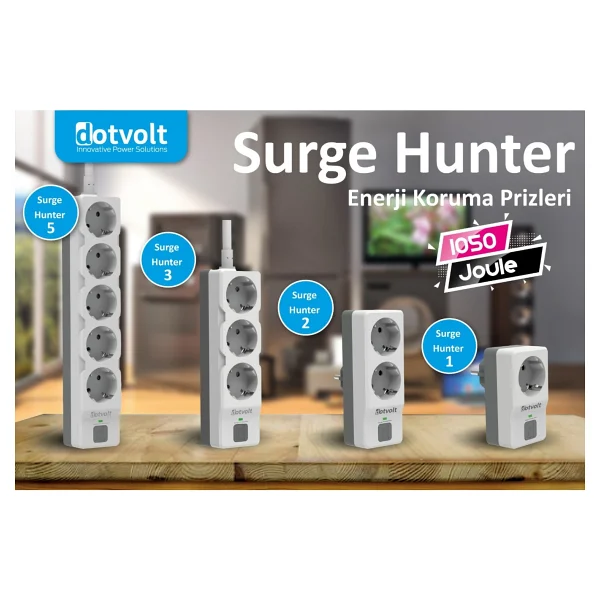 Dotvolt Beşli 1.5 Metre Kablolu Akım Korumalı Priz Beyaz Anahtarlı Surge Hunter 1050 Joule - Görsel 3