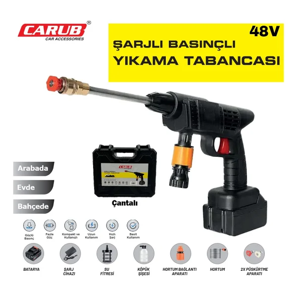 Carub 48v Şarjlı Oto Yıkama, Bahçe Sulama Tabancası Makinesi Yüksek Basınçlı - Görsel 3
