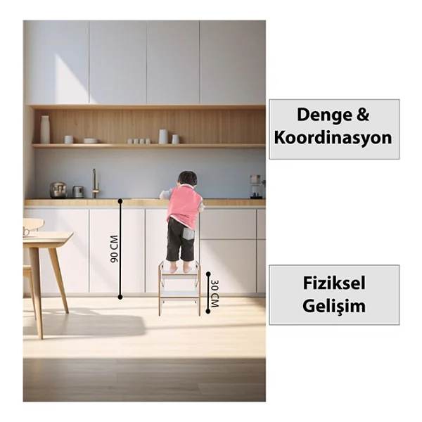 Minera Çocuk / Yetişkin Montessori Ahşap Basamak Yükseltici Tabure Mutfak Taburesi / Beyaz - Görsel 2