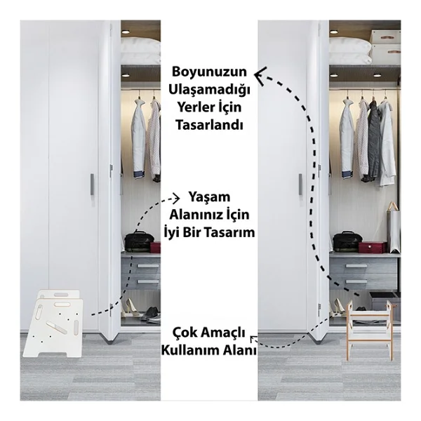 Minera Çocuk / Yetişkin Montessori Ahşap Basamak Yükseltici Tabure Mutfak Taburesi / Beyaz - Görsel 5