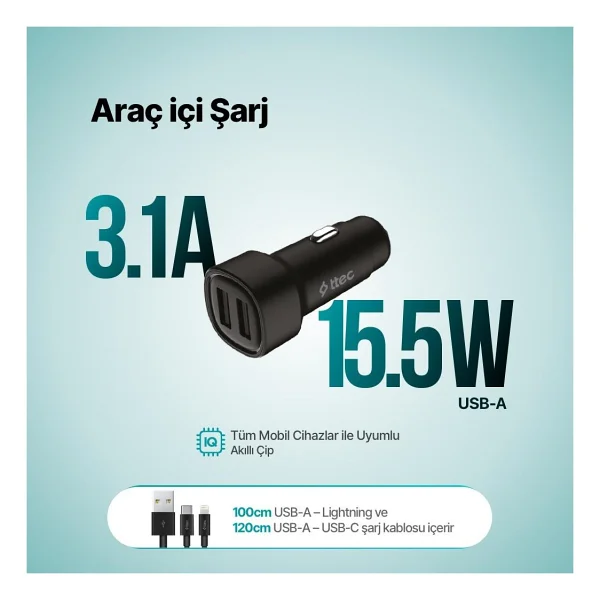 Ttec Smartcharger Duo 2cks31ds 15.5 W 3in1 Kablolu Araç Şarj Aleti - Görsel 2