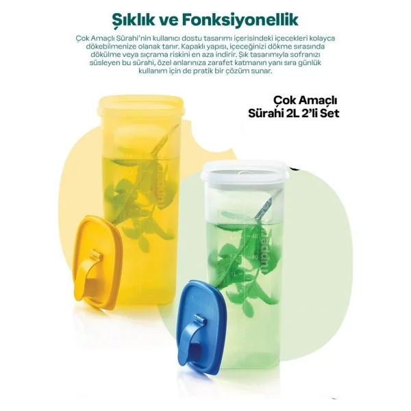 Tupperware Çok Amaçlı Sürahi 2 Lt 2 Li Set Mavi Ve Sarı Renklerde Saklama Kapları - 1 Lt - Görsel 5