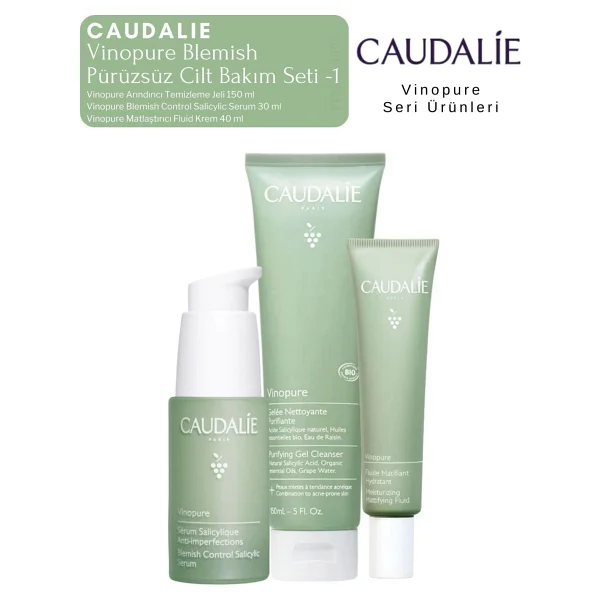 Caudalie Vinopure Blemish Serum + Krem + Temizleme Jeli Orijinal Boy (1) Pürüzsüz Cilt Bakım Seti - Görsel 2