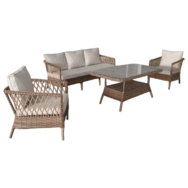 Monalin Home Garden I Loft 5 Kişilik Oturma Takımı (Kahverengi) I Rattan El Örgüsü Bahçe Mobilyası - Kahverengi - Krem - Görsel 5